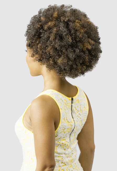 Person from side, wearing New Born Free JUMBO EFFY D/S Large Afro Puff. Dark brown, tightly curled hair with auburn highli...