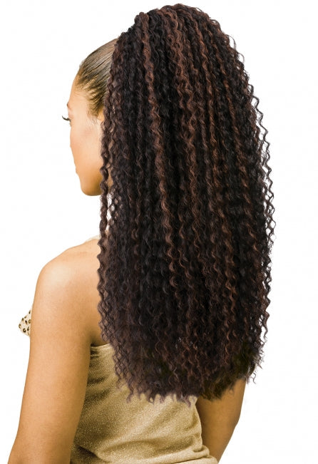 New Born Free TRINA D/S Drawstring Ponytail: Back view of person with long, high, multi-tone loose wave hair.