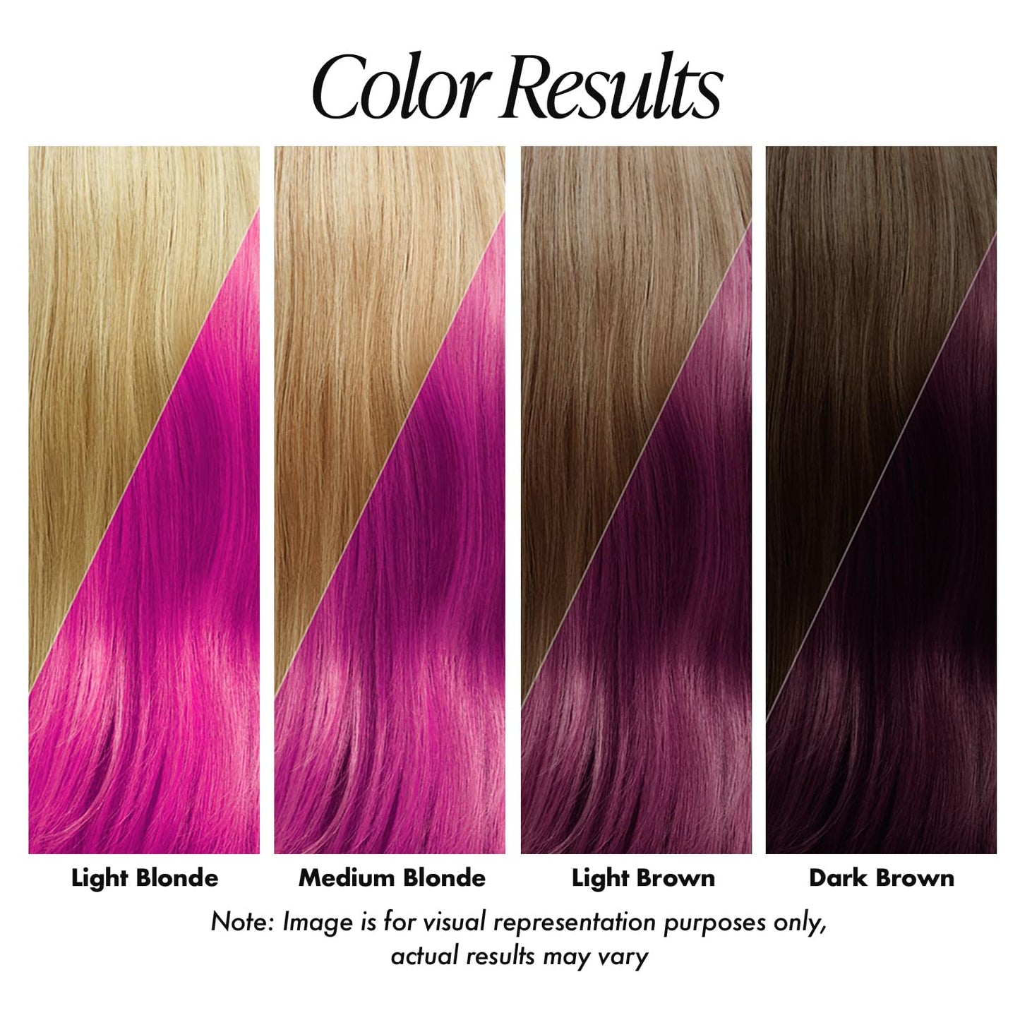 Creative Image Adore Neon Pink color swatch shows results: bright pink on light blonde hair and dark magenta on dark brown...