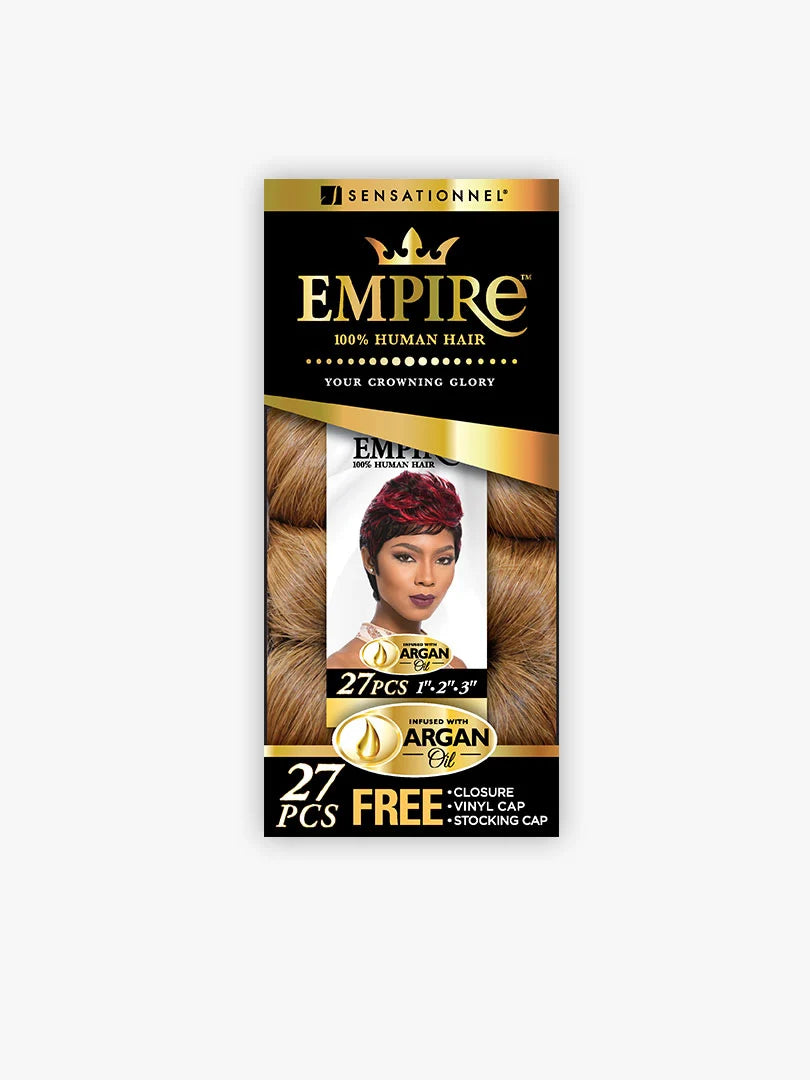 Packaging for Empire 27 Pieces Human Hair Weave. Shows a model with short, reddish-purple hair and honey-brown weave bundles.
