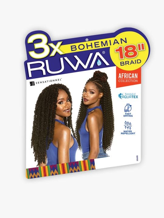 Sensationnel RUWA 3X Bohemian 18" Braid packaging with two models wearing long, dark, curly bohemian styles, one in an updo.
