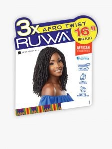 Ruwa 3X Afro Twist 16" hair packaging with a smiling woman wearing dark, medium-length Afro twist braids.
