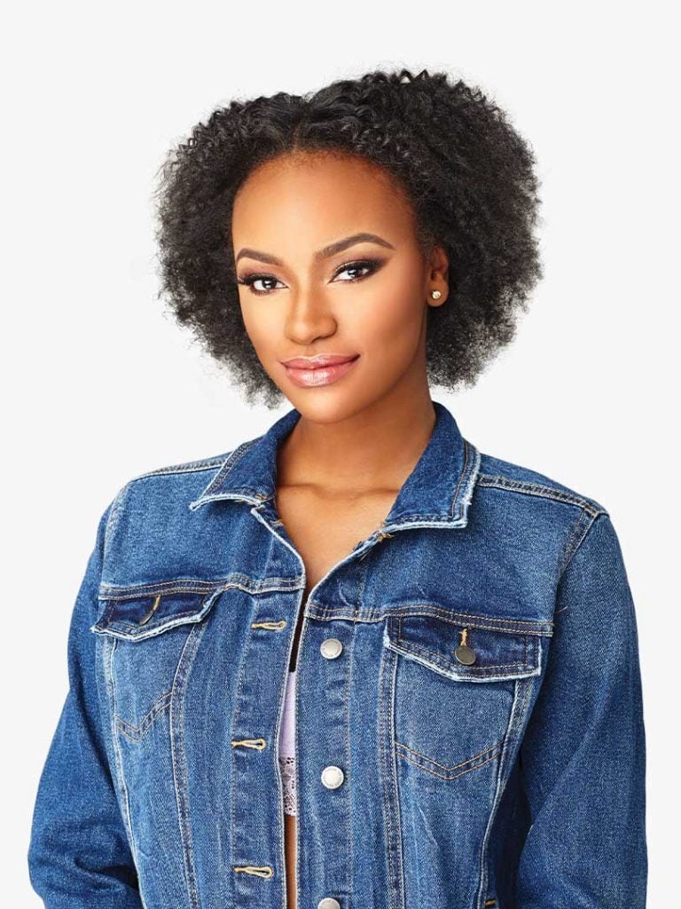 Young woman models HH 4C CLIQUE 18 hair, featuring a short, voluminous, dark brown kinky-curly afro.