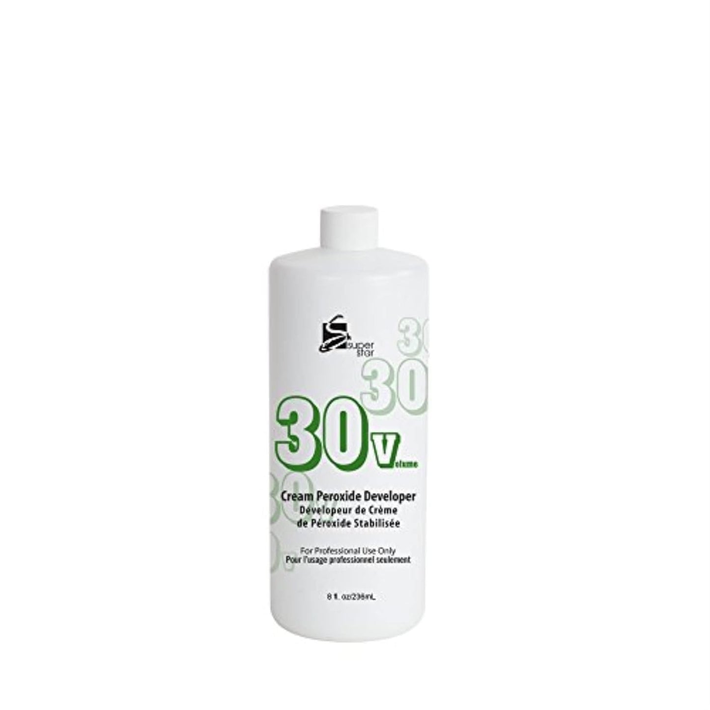 Super Star Stabilized Cream Peroxide Developer 30 Volume 8 oz product packaging. White bottle with green and black text.