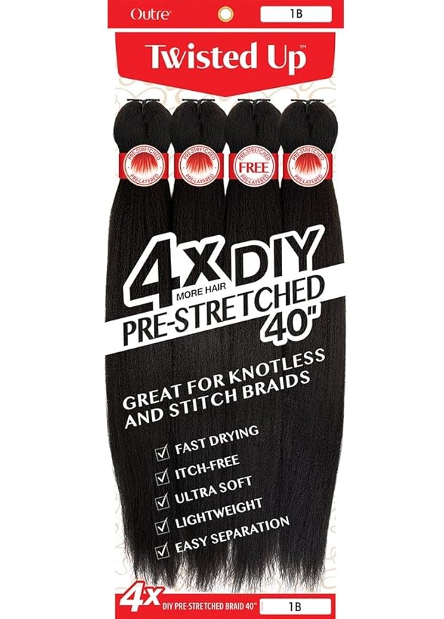 Packaging for Twisted Up Pre-Stretched Braid 40" 4X in color 1B. Features four bundles of long black braiding hair.