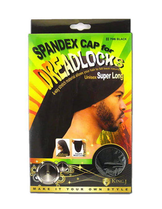 Packaging for the Spandex Cap For Dreadlocks - Super Long (Black), featuring a man wearing the long black cap.
