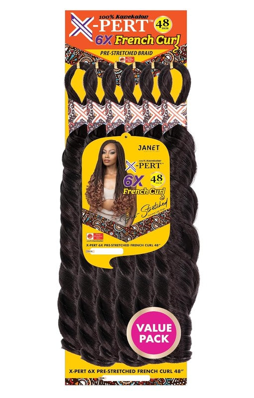 Packaging for X-PERT 6X Pre-Stretched Braid French Curl 48". Features dark brown loose French curl hair bundles and a mode...