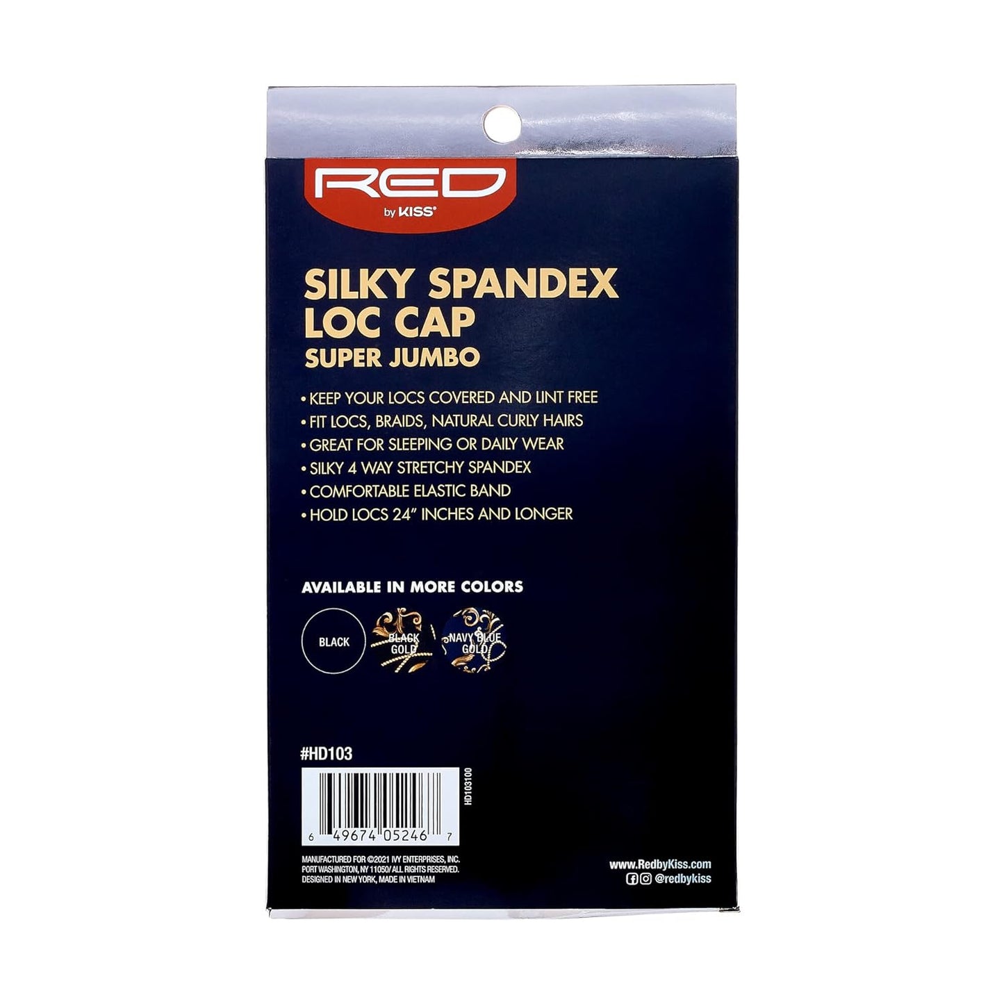 RED by KISS Silky Spandex Loc Cap Super Jumbo (Black) product packaging, dark blue with text and features.