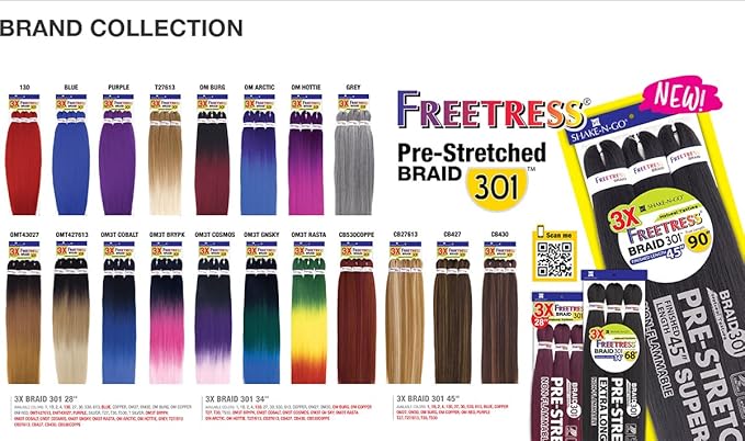 New Freetress Braid 301 3X 90" Extra Long Pre-Stretched black braiding hair in yellow packaging.