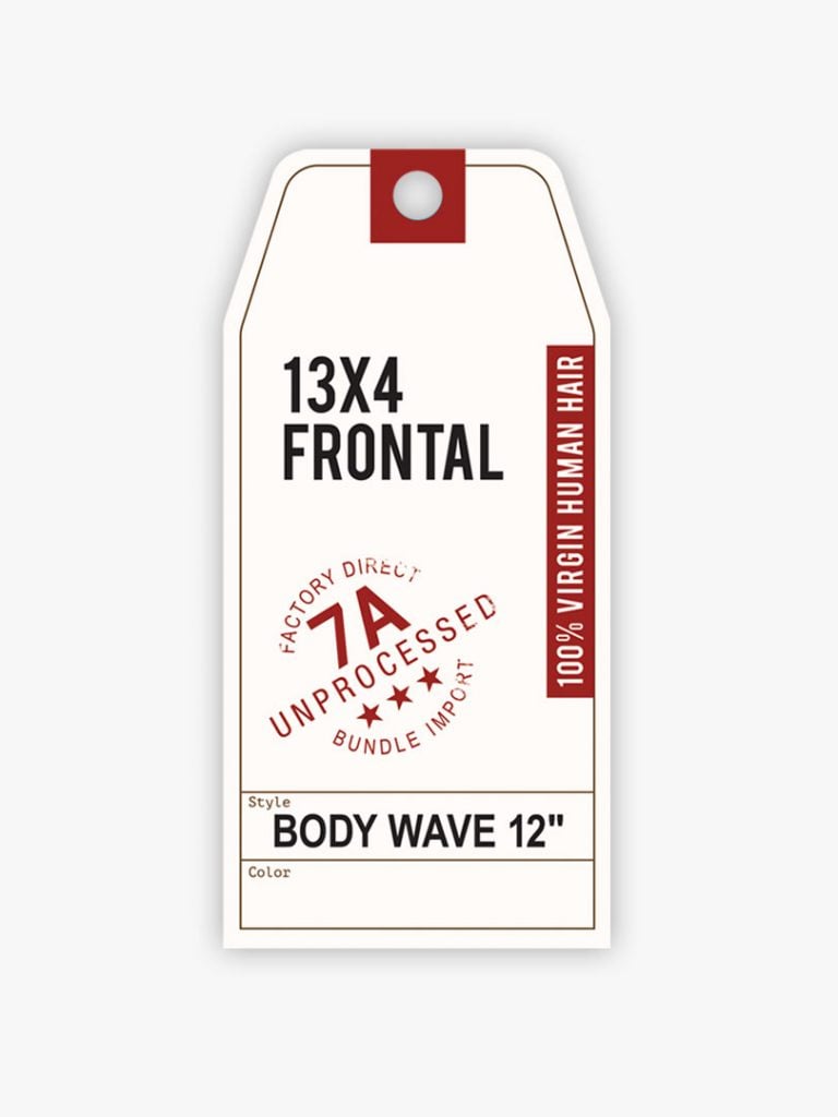 White product tag for HH 13X4 Frontal Body Wave 12. Text details it's 100% Virgin Human Hair, 7A Unprocessed.