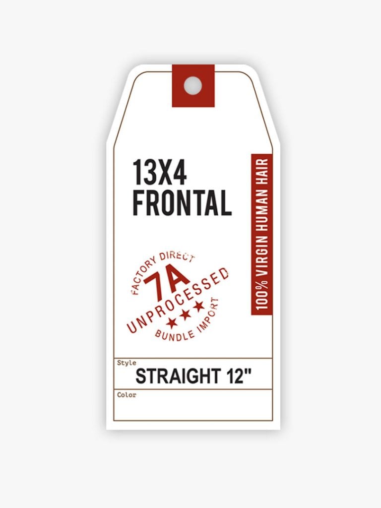 Product tag for HH 13X4 FRONTAL STRAIGHT 12 CLOSURE-VIRGIN. White, '13X4 FRONTAL', 'STRAIGHT 12"', 'VIRGIN HUMAN HAIR'.