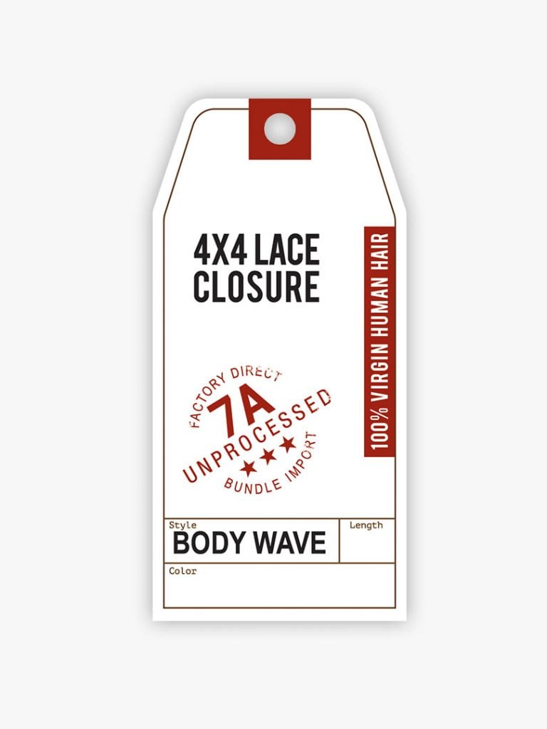 White product tag for HH 4X4 Body Wave 7A Virgin Lace Closure. Text includes 4X4 Lace Closure, Body Wave, 100% Virgin Huma...