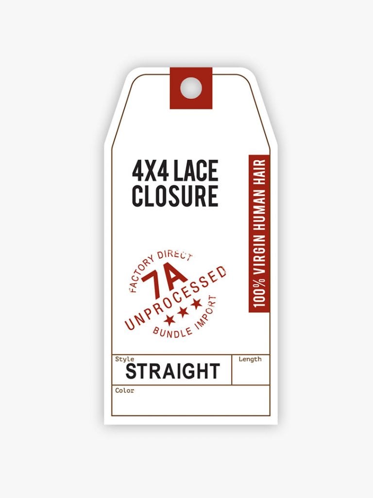 Product tag for HH 4X4 Lace Closure, advertising 7A Unprocessed Straight 100% Virgin Human Hair.