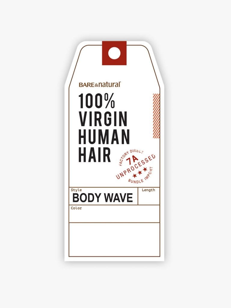 White hang tag for HH BODY WAVE 18-VIRGIN HAIR (B&N) displays 100% Virgin Human Hair, Body Wave style, 7A unprocessed.