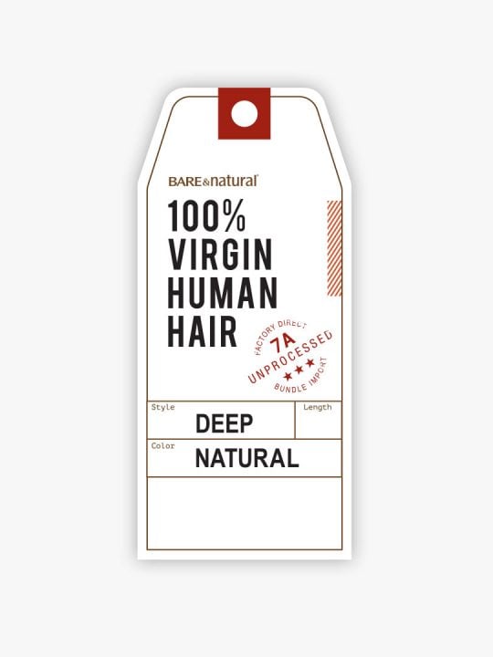 White product tag for BARE&natural 100% Virgin Human Hair, style Deep, color Natural. It has a red top tab.