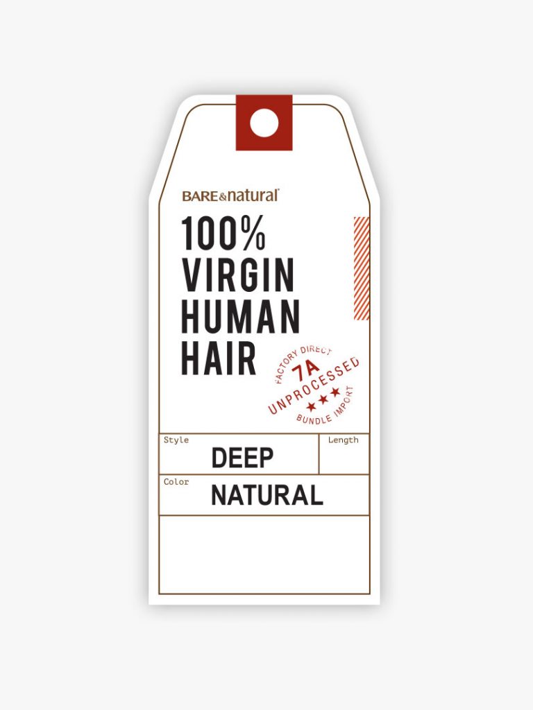 White product tag for Bare&natural 100% Virgin Human Hair. Brown text states Style: Deep, Color: Natural.
