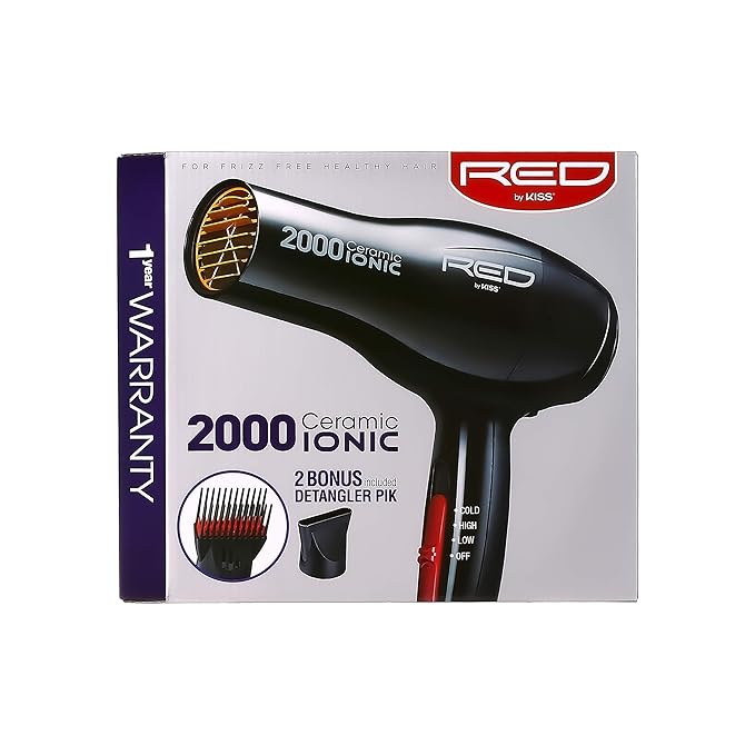 Packaging of the RED by Kiss Ionic Hair Dryer, showing the black dryer and bonus detangler comb and nozzle.