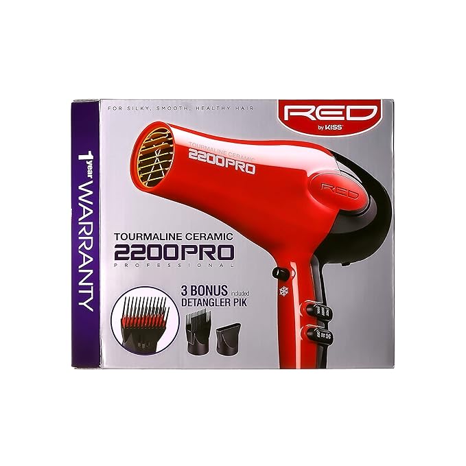 Packaging for RED by Kiss PRO 2200W Tourmaline Ceramic Hair Dryer, showcasing the red dryer, detangler, and concentrator n...