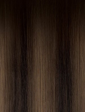 Close-up of Sensationnel ESME Lace Front Wig, Mystic Krush color swatch. Straight dark brown hair blending to a medium brown.