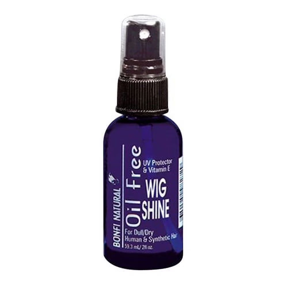 Packaging for Bonfi Oil Free Wig Shine Spray: a small, dark purple spray bottle with a clear cap and white label details.