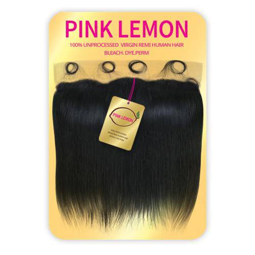 PINK LEMON STRAIGHT FRONTAL (13X4) unprocessed virgin human hair. Dark, straight frontal piece on a yellow display with a ...