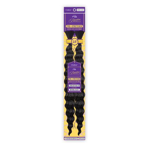 Packaging for PURPLE PACK BRAZILIAN PRESTRETCHED LOOSE DEEP BULK 18 in natural black, 18-inch deep wavy hair.