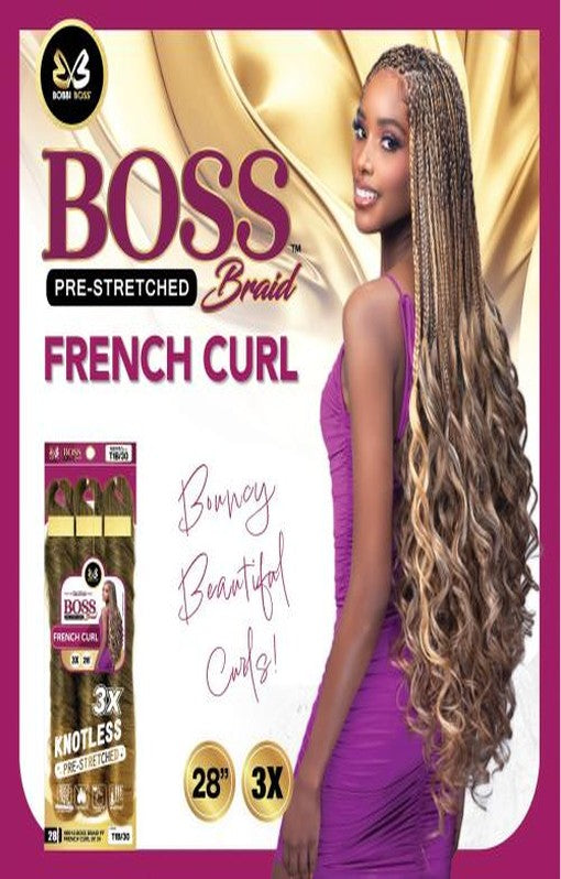 Smiling woman wearing Boss Braid French Curl hair. Long 28" blonde ombré braids with bouncy curls.