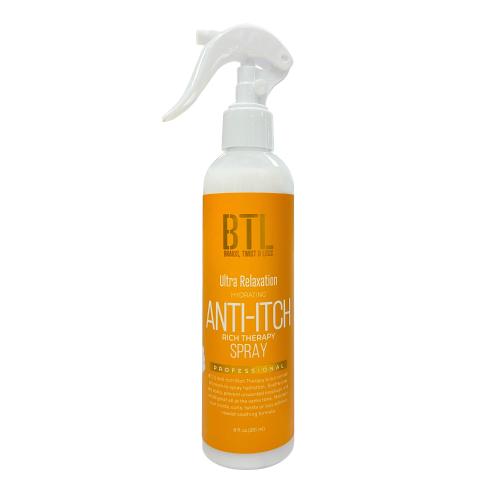 Product packaging: ANTI-ITCH THERAPY SPRAY in a white bottle with an orange label and a white trigger spray top.