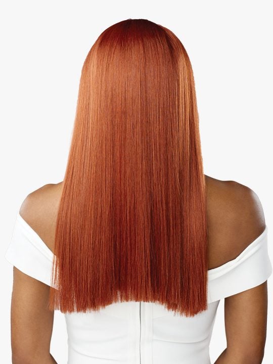 Back view of a person wearing Sensationnel BARE LACE WIG 13X6 - UNIT 9, with long, sleek, straight copper red hair.