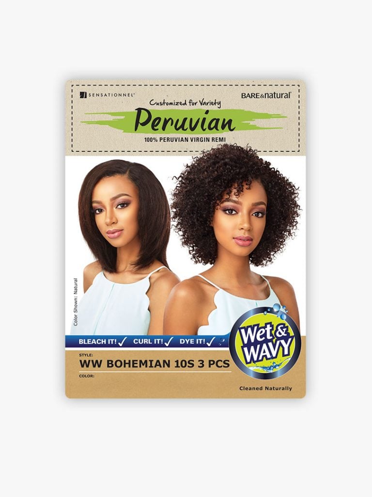HH BOHEMIAN 10S 3PCS-PERUVIAN WET & WAVY (B&N) product packaging. Features models with dark straight and curly hair.
