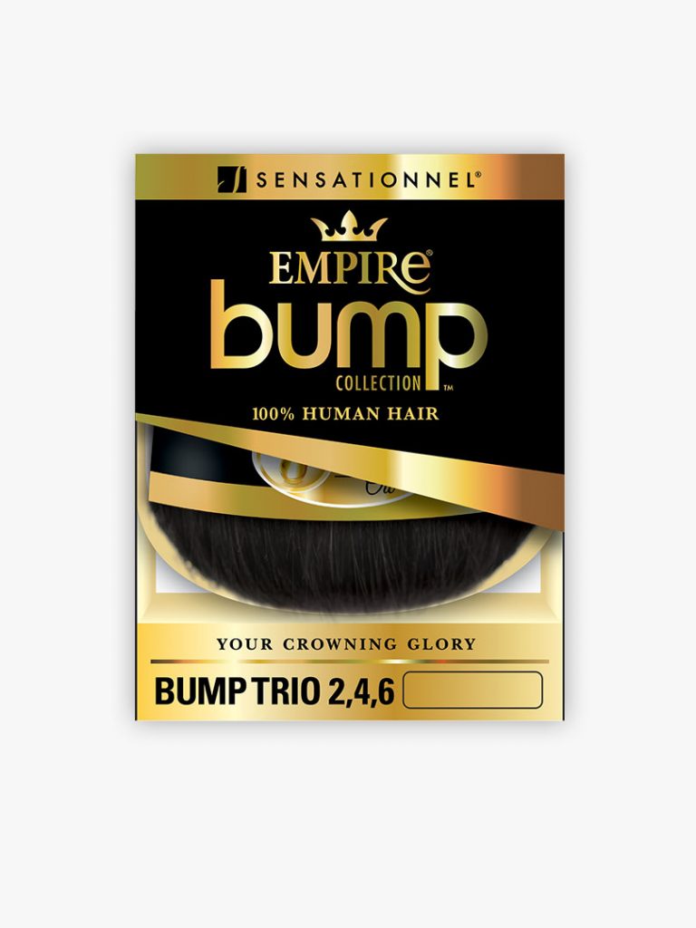 Black and gold packaging for EMPIRE BUMP TRIO 2,4,6 human hair, showing a swatch of black, straight hair.