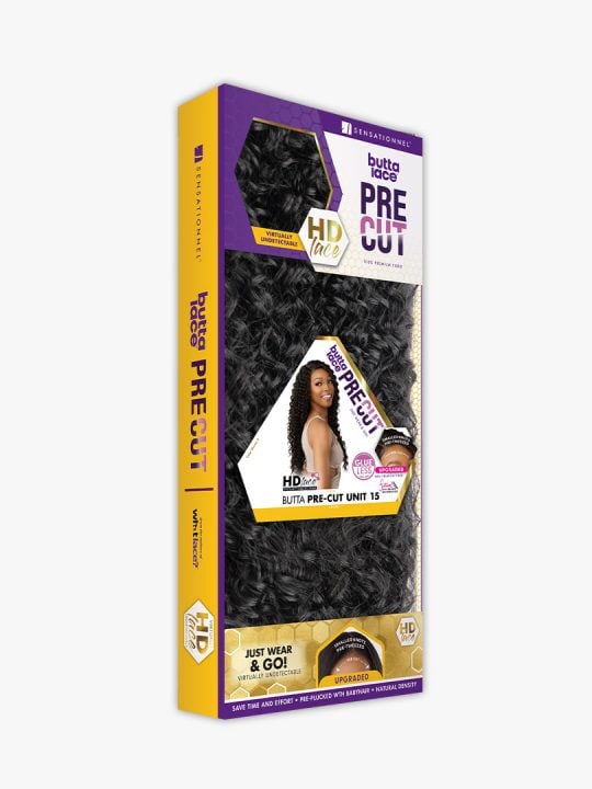 Product packaging for Sensationnel BUTTA PRE-CUT LACE WIG - UNIT 15, showing black, curly hair texture and a model wearing...
