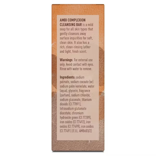 Product packaging for AMBI Complexion Cleansing Bar face soap. Side view with description, warnings, and full ingredient l...