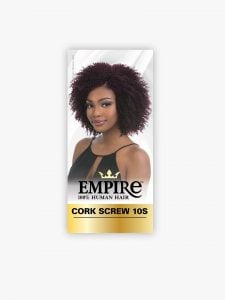 Empire CORK SCREW 10S product packaging featuring a woman with short, voluminous, dark burgundy corkscrew curls.