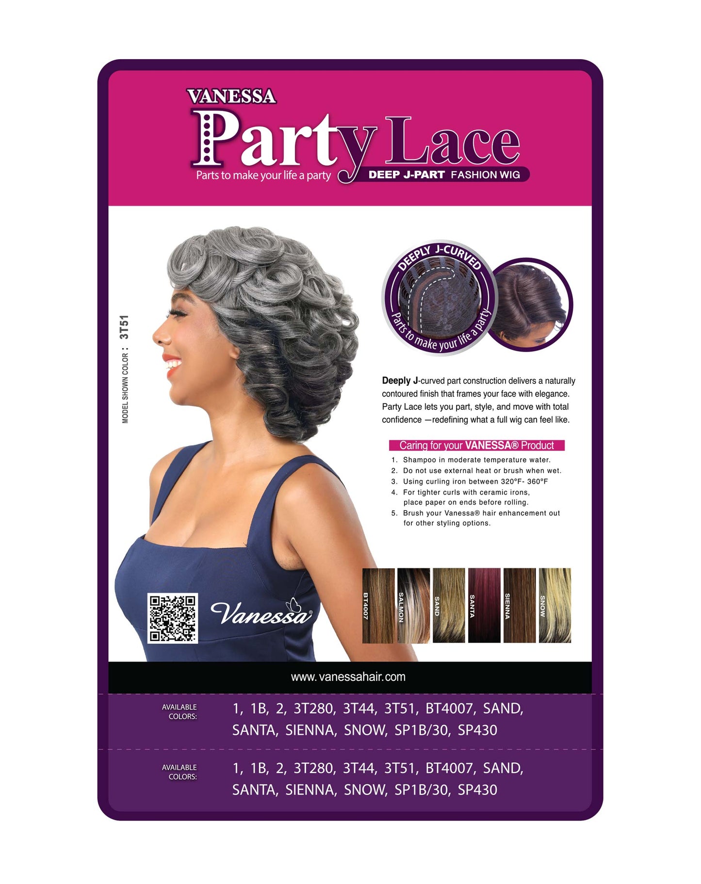 Smiling woman models Vanessa Party Lace Deep J-Part Fashion Wig, a short, wavy charcoal to silver-gray bob.