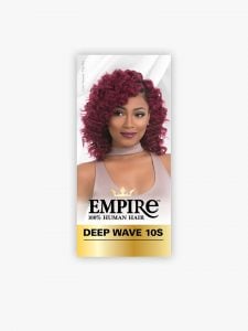 Packaging for EMPIRE DEEP WAVE 10S, featuring a woman with short, voluminous burgundy deep wave hair.
