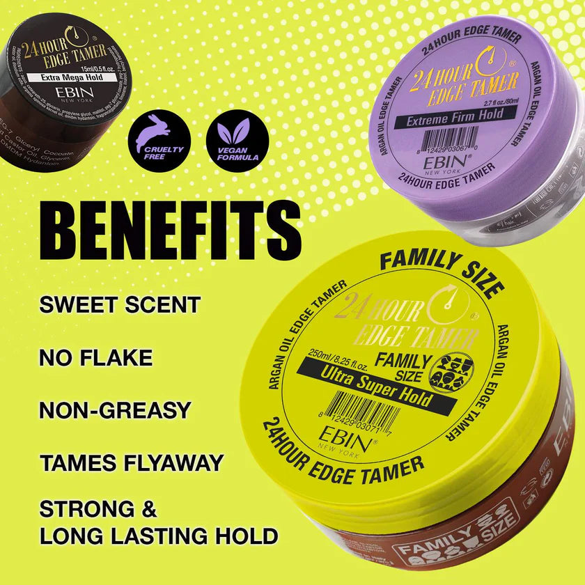 Travel Size 24 Hour Edge Tamer Extreme Firm Hold .5 oz. Small brown-lidded jar of flake-free edge control.