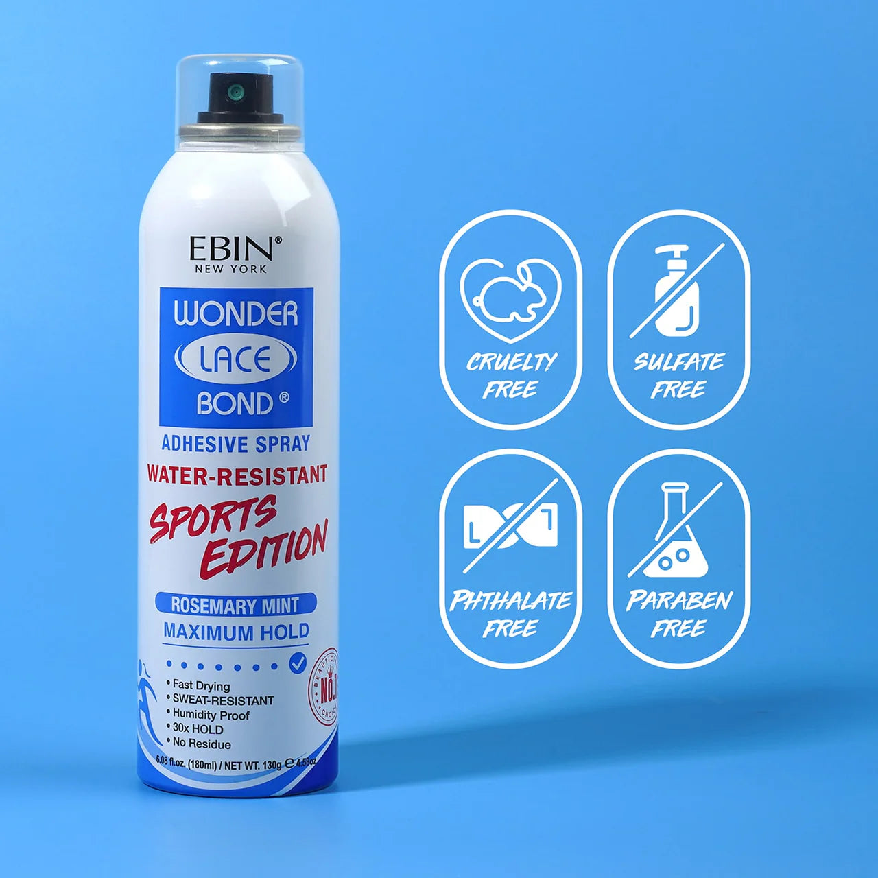 EBIN NEW YORK Wonder Lace Bond Adhesive Spray Sports Edition packaging. White can with blue and red label, plus four "free...
