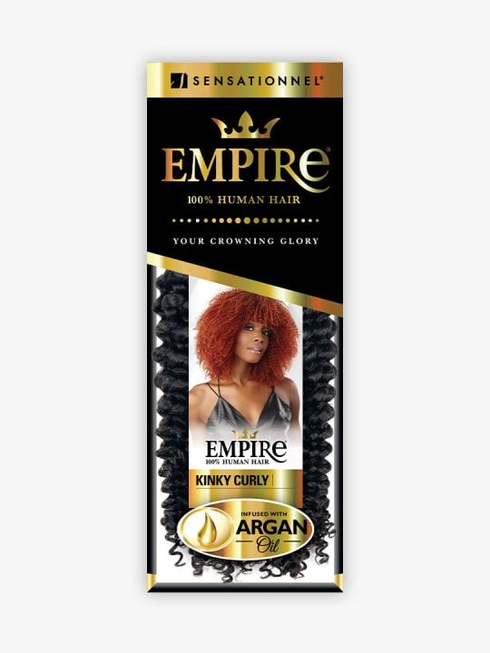 Sensationnel Empire Kinky Curly Weaving hair packaging. Features a woman with red kinky curls & black kinky curly product.