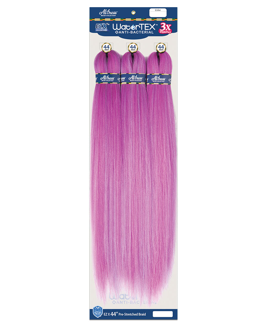 Alitress EZ X WaterTex Pre-Stretched Braid 64" 3X packaging displays three bundles of long, vibrant pink hair.