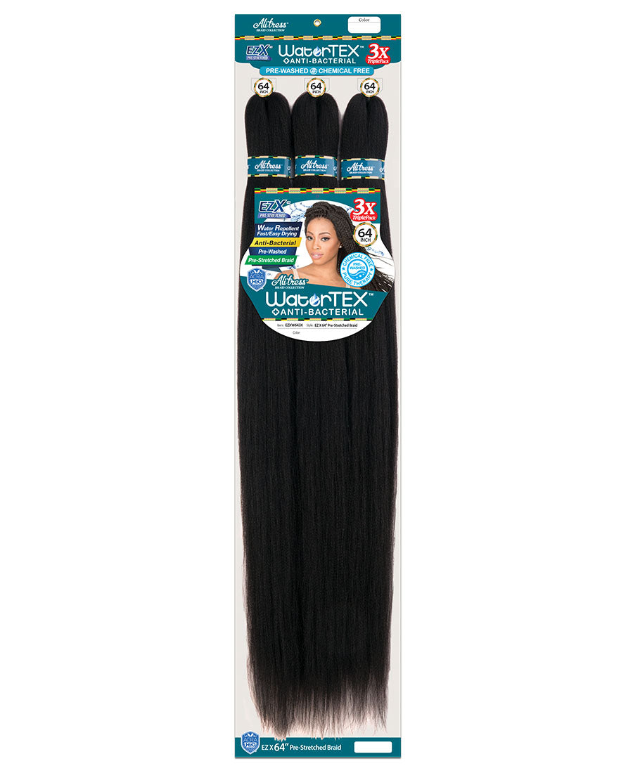Alitress EZ X WaterTex Pre-Stretched Braid packaging displays three black braiding hair bundles and a woman with braids.