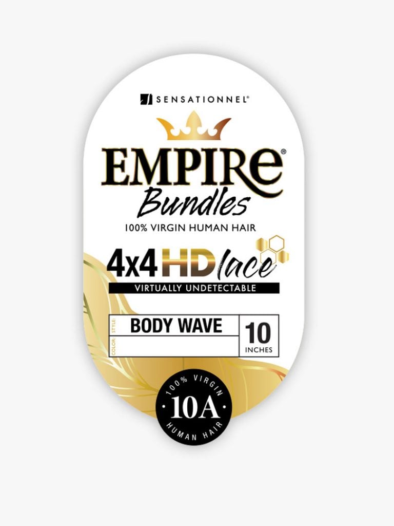 Product label for Sensationnel Empire Bundles 4x4 HD Lace Body Wave. It is 10-inch, 100% virgin human hair.