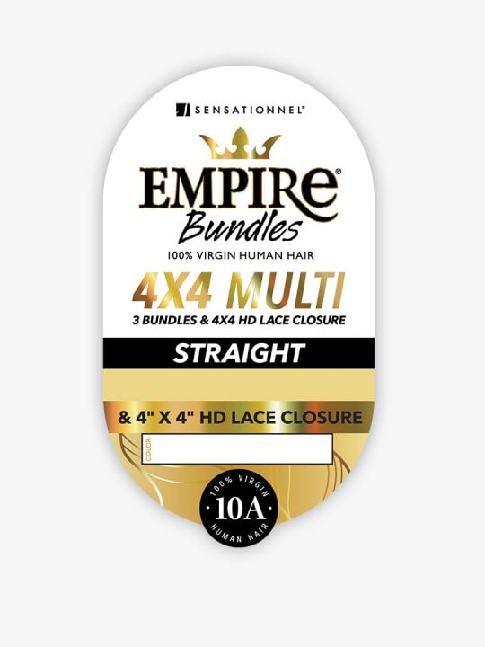 Product label for EMPIRE Bundles 4X4 MULTI PACK, showing HH STRAIGHT hair. White label with gold details, promoting 10A vi...