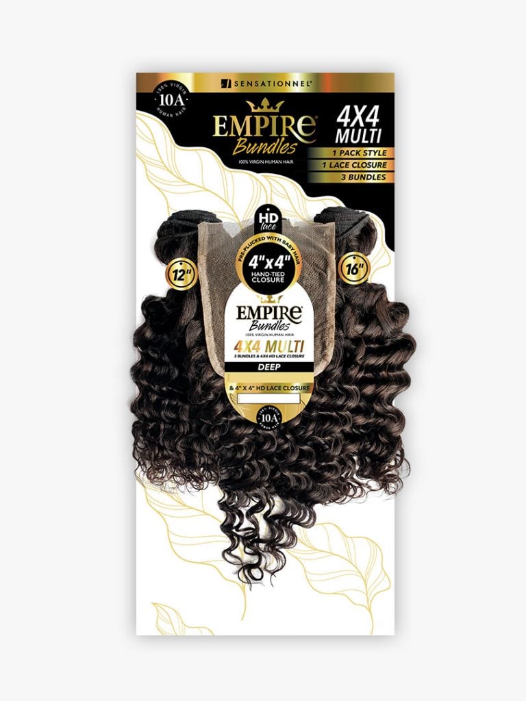 Packaging for EMPIRE Bundles 4X4 MULTI PACK showing dark brown deep wave human hair bundles and 4x4 HD lace closure.