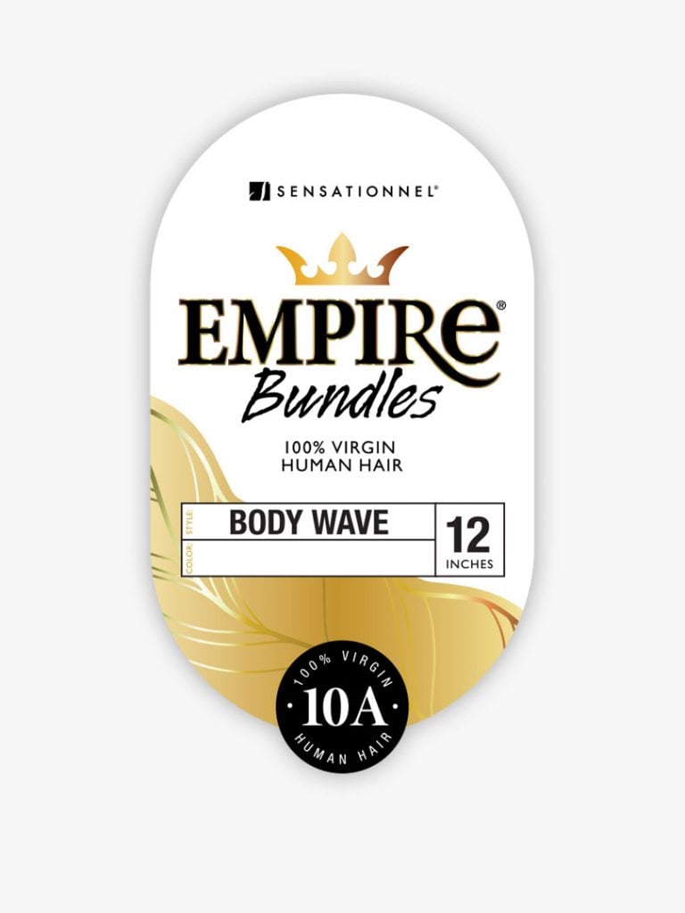 Product label for Sensationnel Empire Bundles Body Wave 12-inch 10A virgin human hair, with a gold crown.