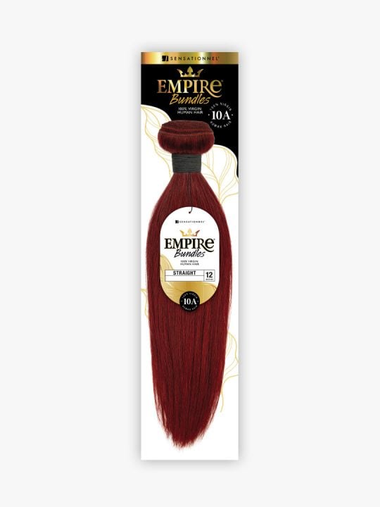 Sensationnel EMPIRE Bundles 10A virgin human hair packaging shows a straight, 12-inch, deep red bundle.