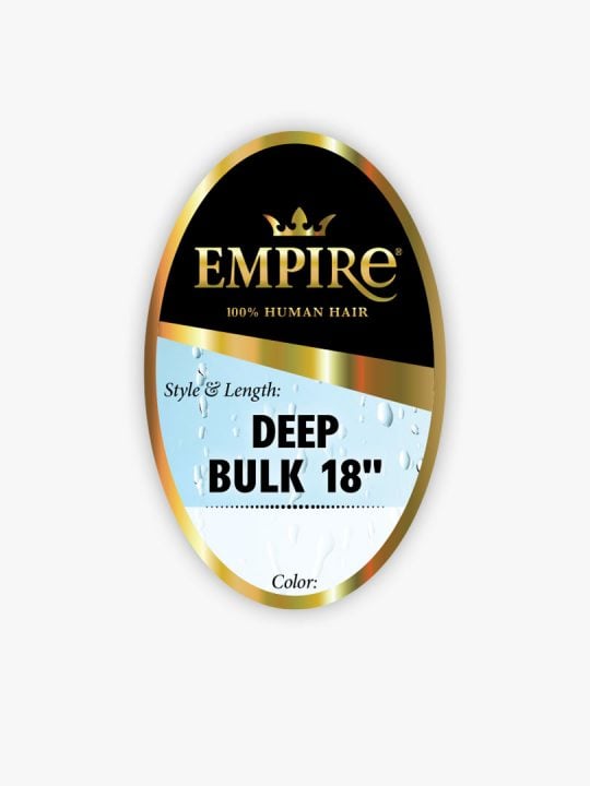 Empire HH WET & WAVY DEEP BULK 18 packaging label. Oval gold and black design, with blue section & water drops.