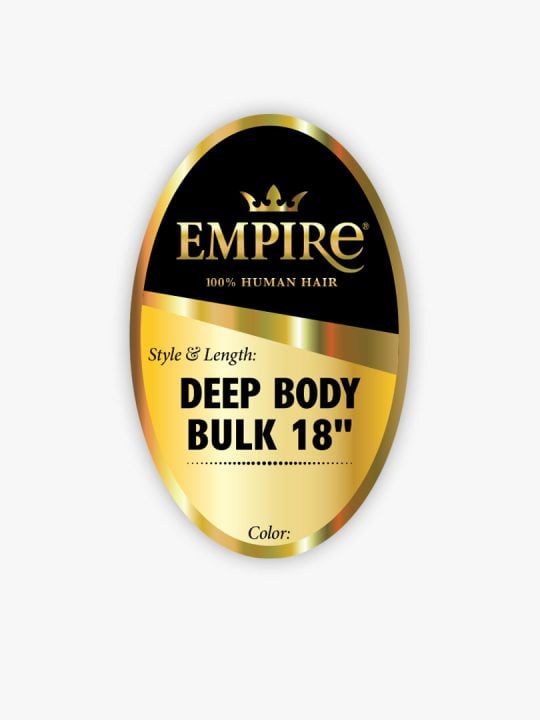 Empire HH DEEP BODY BULK 18 hair product label, gold and black, details 100% human hair, style, and 18-inch length.
