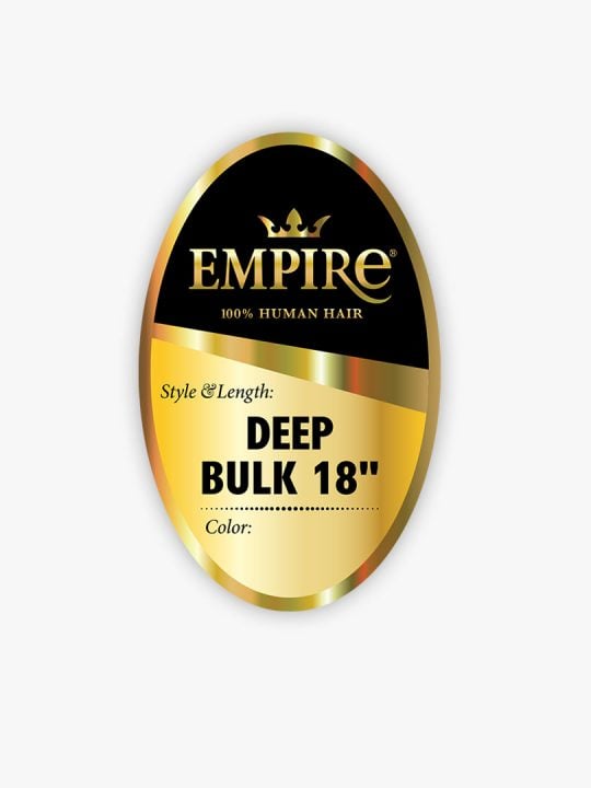 Oval gold and black label for Empire HH Deep Bulk 18 human hair, indicating Deep Bulk style and 18 inch length.