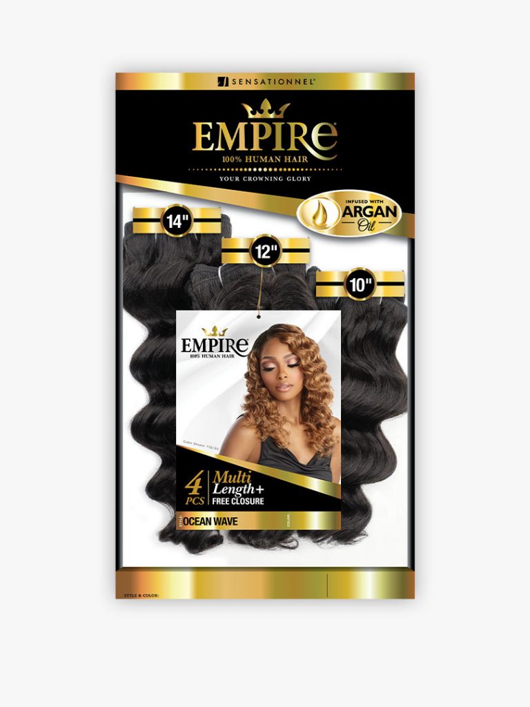 EMPIRE HH MULTI OCEAN WAVE hair packaging displays black, multi-length bundles with deep ocean waves and a styled model.